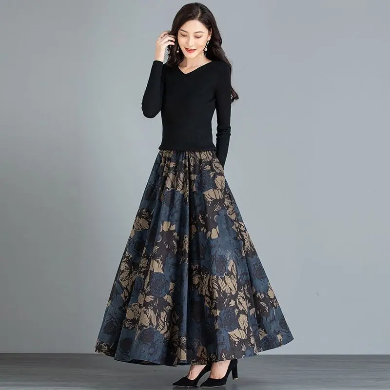 Autumn Women Clothing New Pocket Skirt High Waist Vintage Floral Printing Elastic Waist Chinese Style Luxury Paisley Midi Skirts