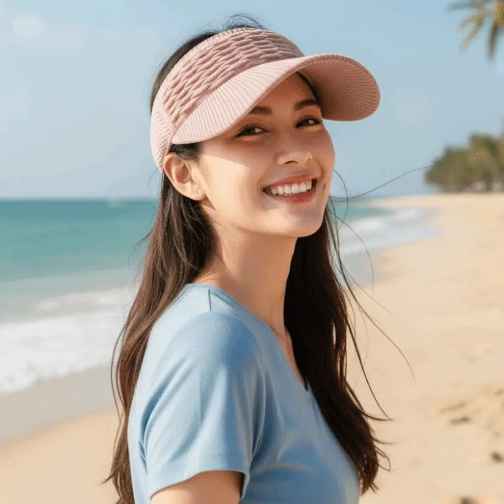 Portable Fish Scale Knitted Visor Cap Solid Color Breathable Long Brim Sun Cap Polyester Lightweight Sunscreen Empty Top Hat