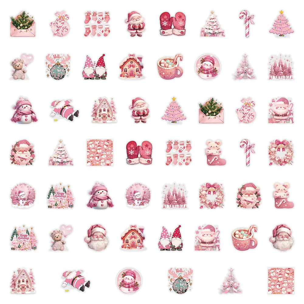 

10/30/50PCS PET Pink Christmas Stickers Ins Style Santa Claus Holiday Personalized Decoration Transparent Stickers Decals
