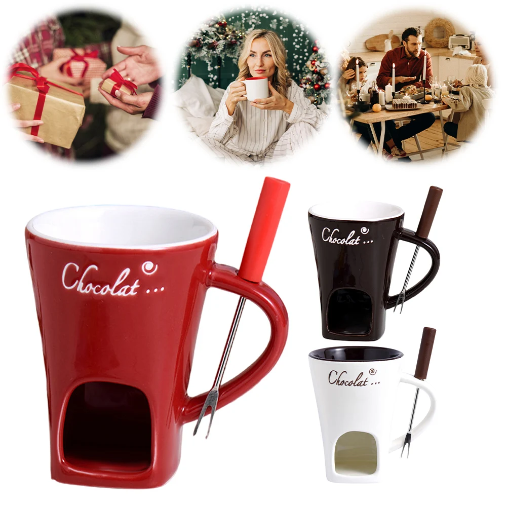 

Candle Cup Heating Food Ceramic Mug with Fork Ceramic Fondue Mugs Chocolate Fondue Mug for Date Night Birthday & Wedding Gifts