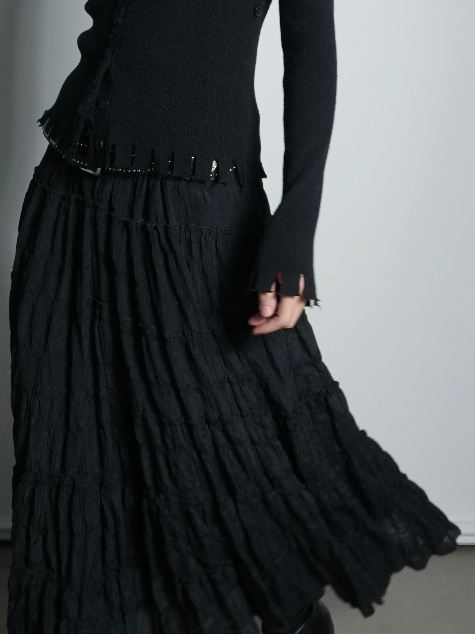 

Retro Japanese Sle A-Line Skirt with Elastic Waist Midi Length Splicing Wood ain Design for Young Women