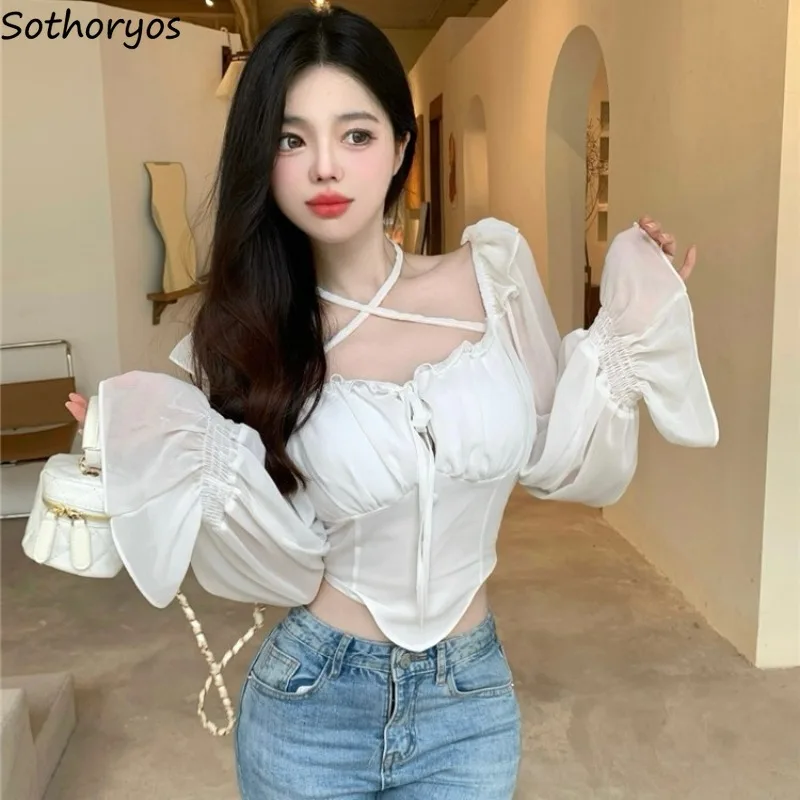 

Flare Sleeve Blouses Women Halter Crop Tops Temper Bandage Fashion Ulzzang Aesthetic Slim Classic All-match Daily Blusas Mujer