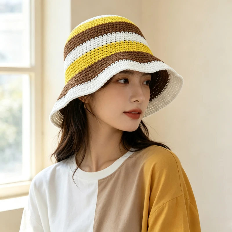 1 Piece of Women's Fisherman Hat, Color Blocked Striped Knitted Fisherman Hat, Women's Autumn and Winter