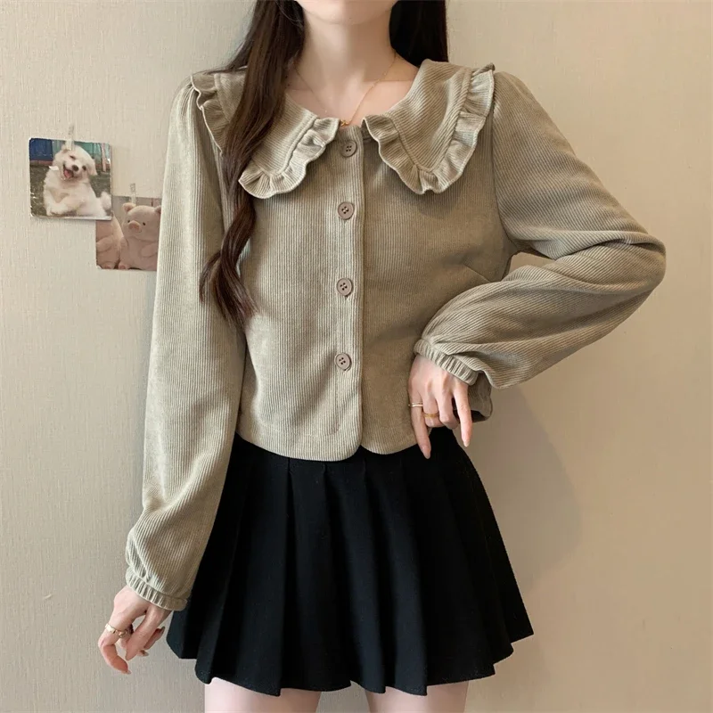 Kawaii Doll Collar Corduroy Shirts Women Spring Autumn Single Breasted Blouse Female Vintage Long Sleeve Streetwesr Tops Y2k New