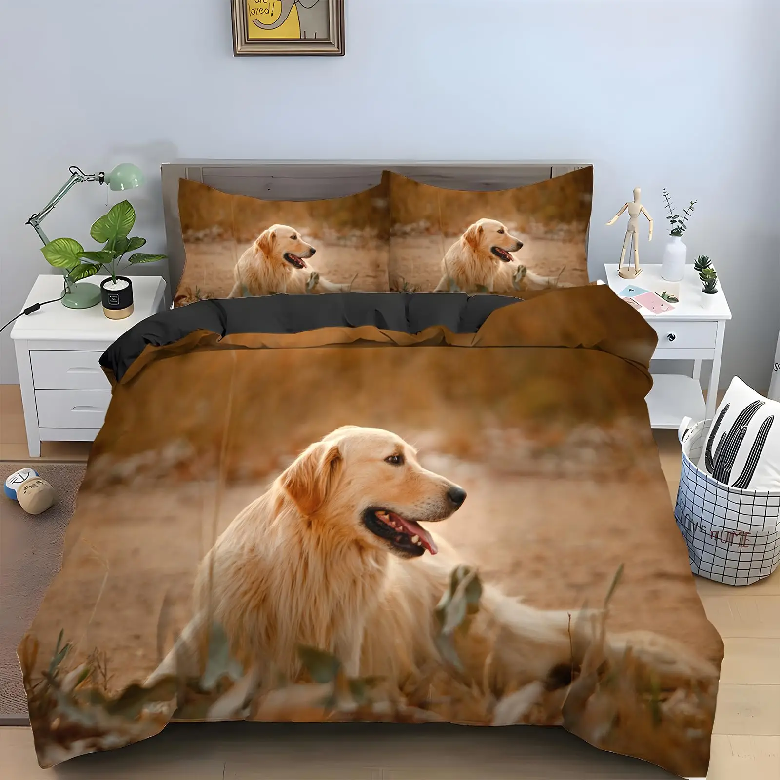 Cute Golden Retriever Bedding Set for Kids Teens Green Grass Decor Comforter Cover No Comforter Soft Duvet Cover Set 2Pillowcase