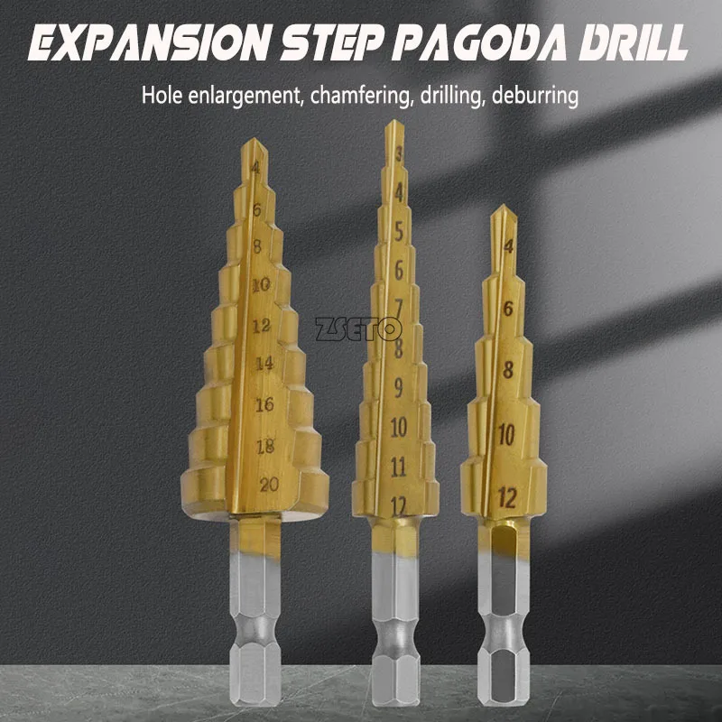 Hexagonal handle titanium plated ladder drill tower drill bit set 3-12/4-12/4-20mm small three piece set bag packaginb