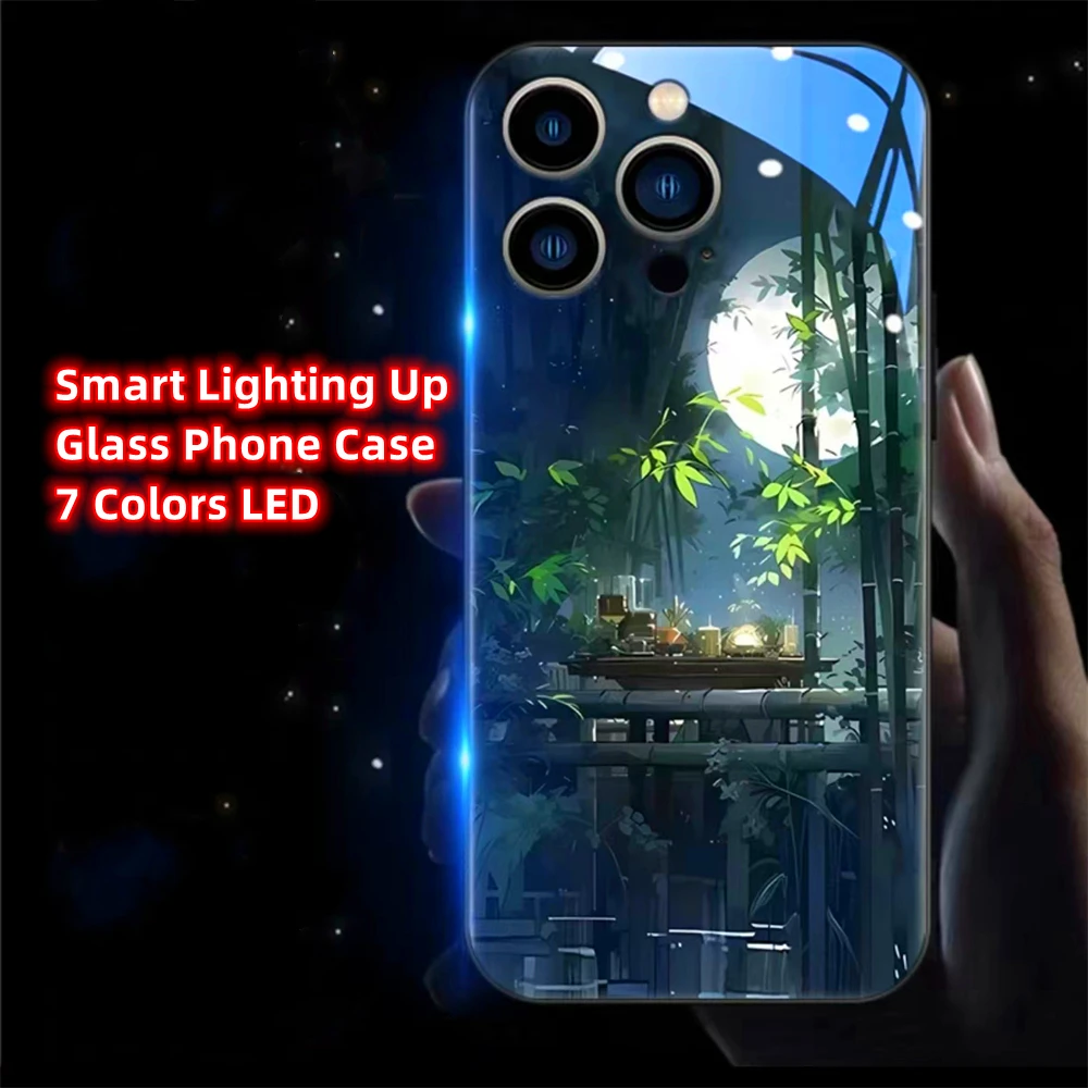 

So Pretty Moon Forest Bamboo Smart LED Light Glowing Glass Phone Case For iPhone 15 14 13 12 11 Pro Max XR XS Plus 6 7 8 SE2020