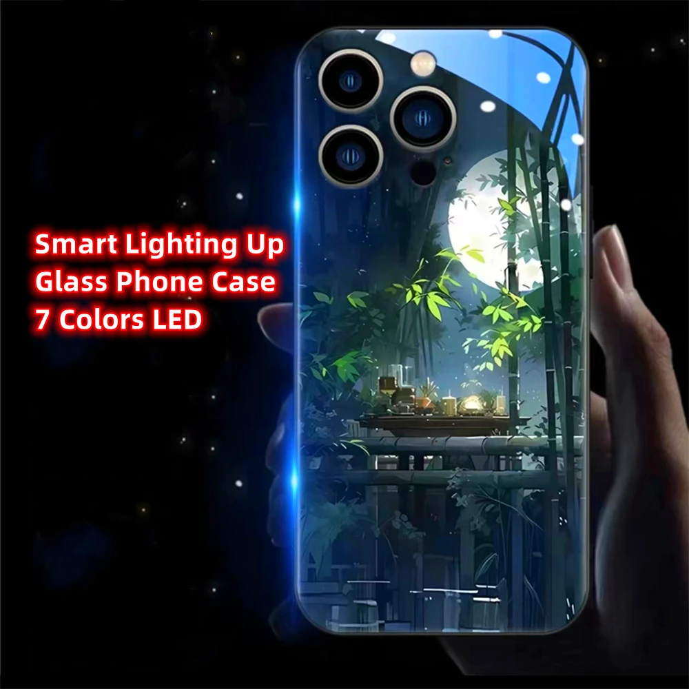 

So Pretty Moon Forest Bamboo Smart LED Light Glowing Glass Phone Case For Samsung S24 S23 S22 S21 S20 FE Note 20 Plus Ultra A54