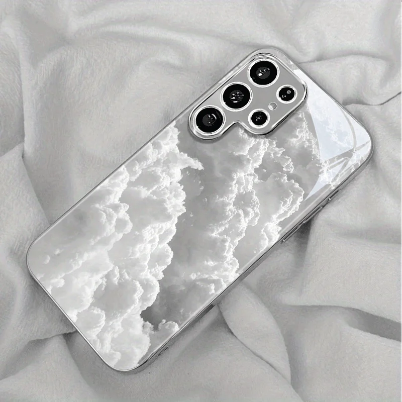 New Silver Plated Phone Case with High-end White Cloud Pattern, Suitable For Samsung S21/22/23/24/25/26FE Ultra Plus