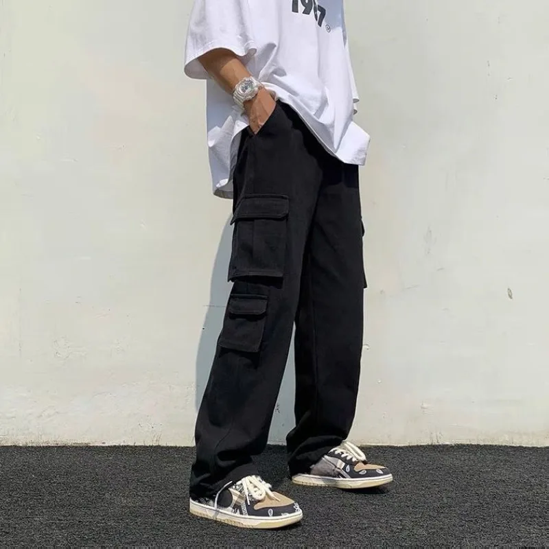 Male Trousers White Aesthetic Men\'s Cargo Pants Wide Multi Pocket Summer Multipockets Straight Clothing Long Fashion Regular Fit