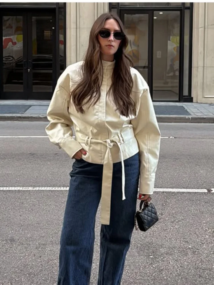 Fashion Stand Collar Drawstring Waist Cropped Jacket  2026 Autumn Winter Women Chic Top Casual Commute Ladies  Coat Streetwear