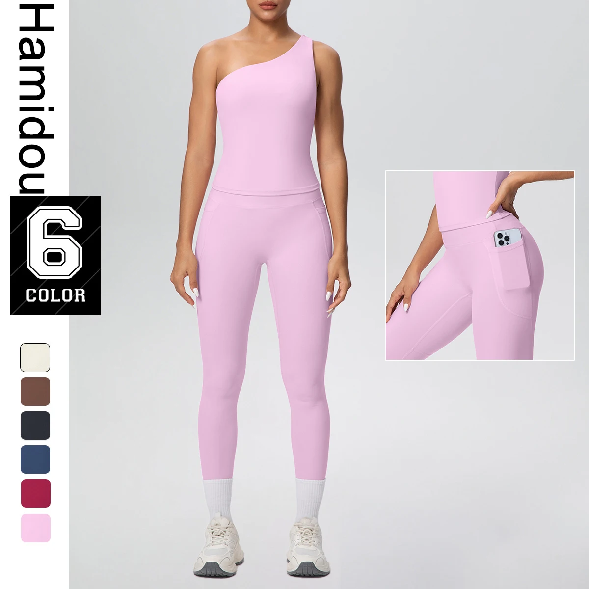 Hamidou Sports Yoga Set Women's Gym Running Cycling Peach Buttocks Pockets Pants Sexy Back Single Shoulder Bra Customizable Logo