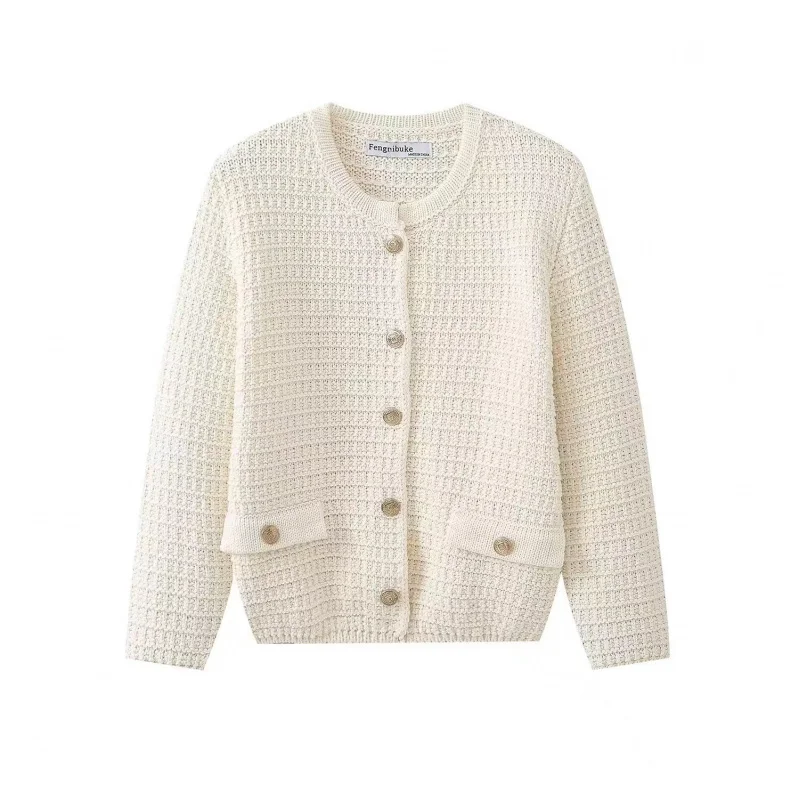 

New Arrival Autumn Style Elegant Gold Single-Breasted Knitted Cardigan Jacket