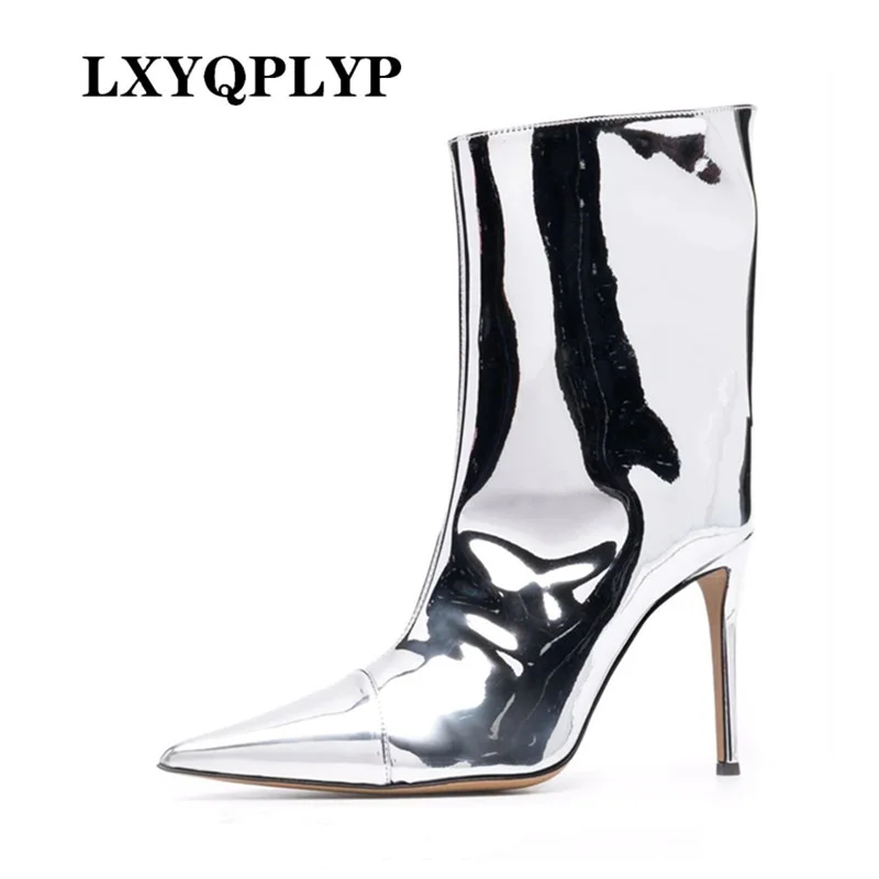 

2023 New Fashion Women's Boots Sexy Pointy Stiletto Shoes 10cm Candy Color Mirror Large Size Model Catwalk Brand Ankle Boots