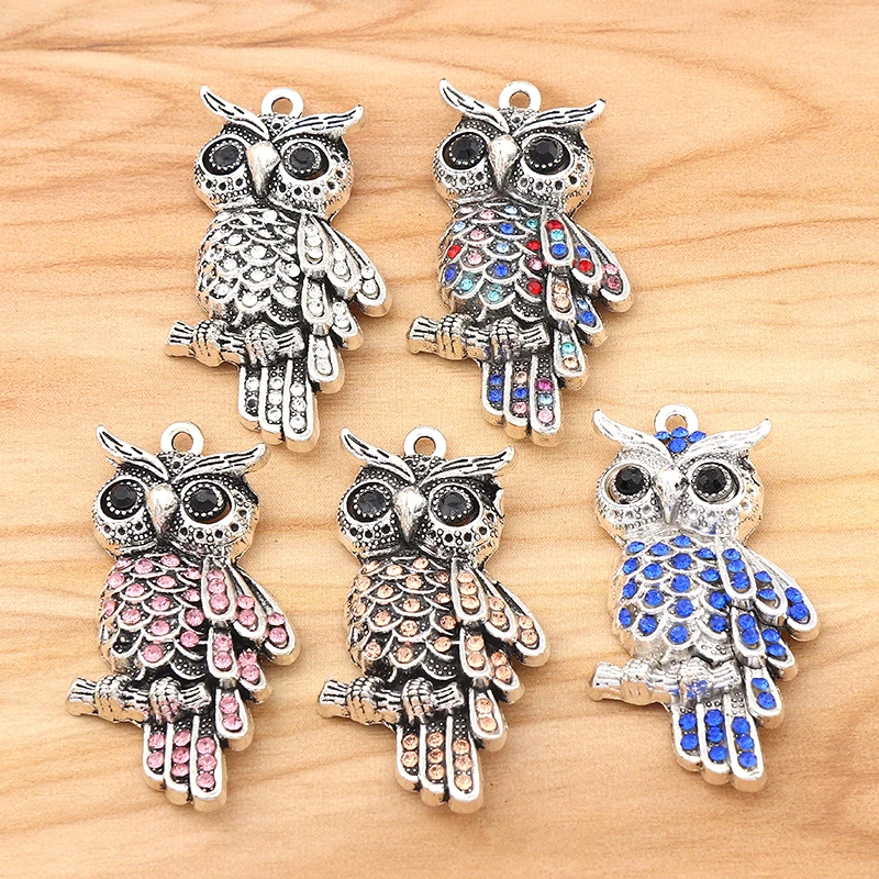 5pcs Tibetan Silver Color Rhinestone Owl Bird Animal Charms Pendants For DIY Jewelry Making Finding Supplies Accessories 45x25mm