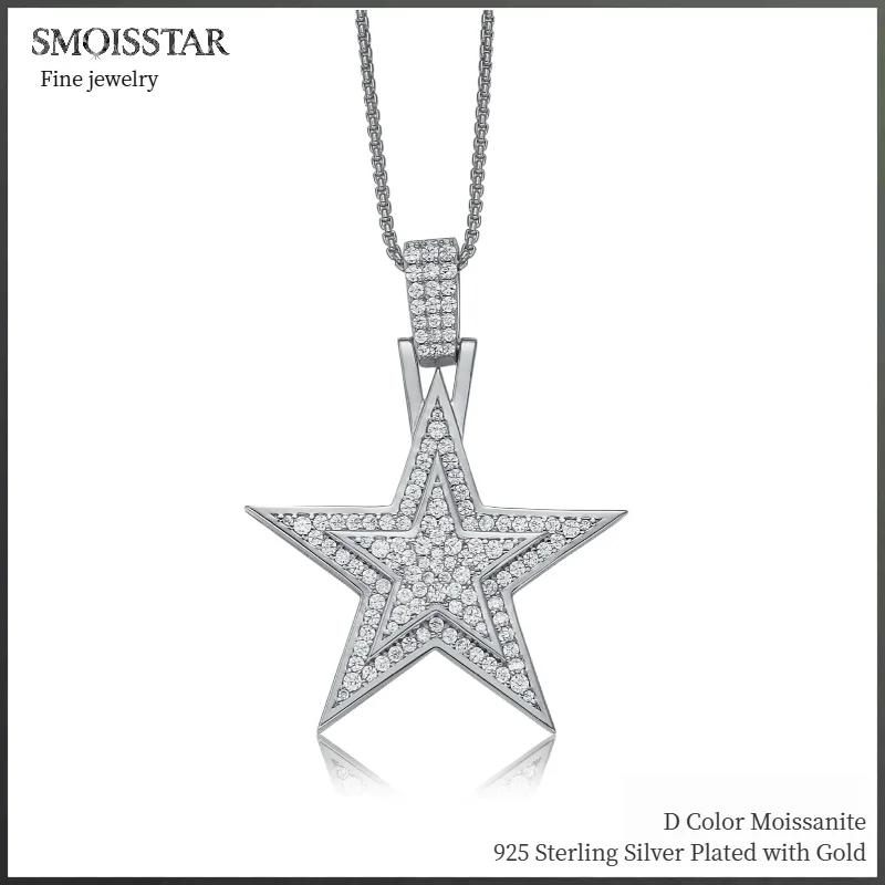 

SMOISSTAR Hip Hop Star Pendant Moissanite Necklace for Men Women, 925 Sterling Silver Pentagram Jewelry