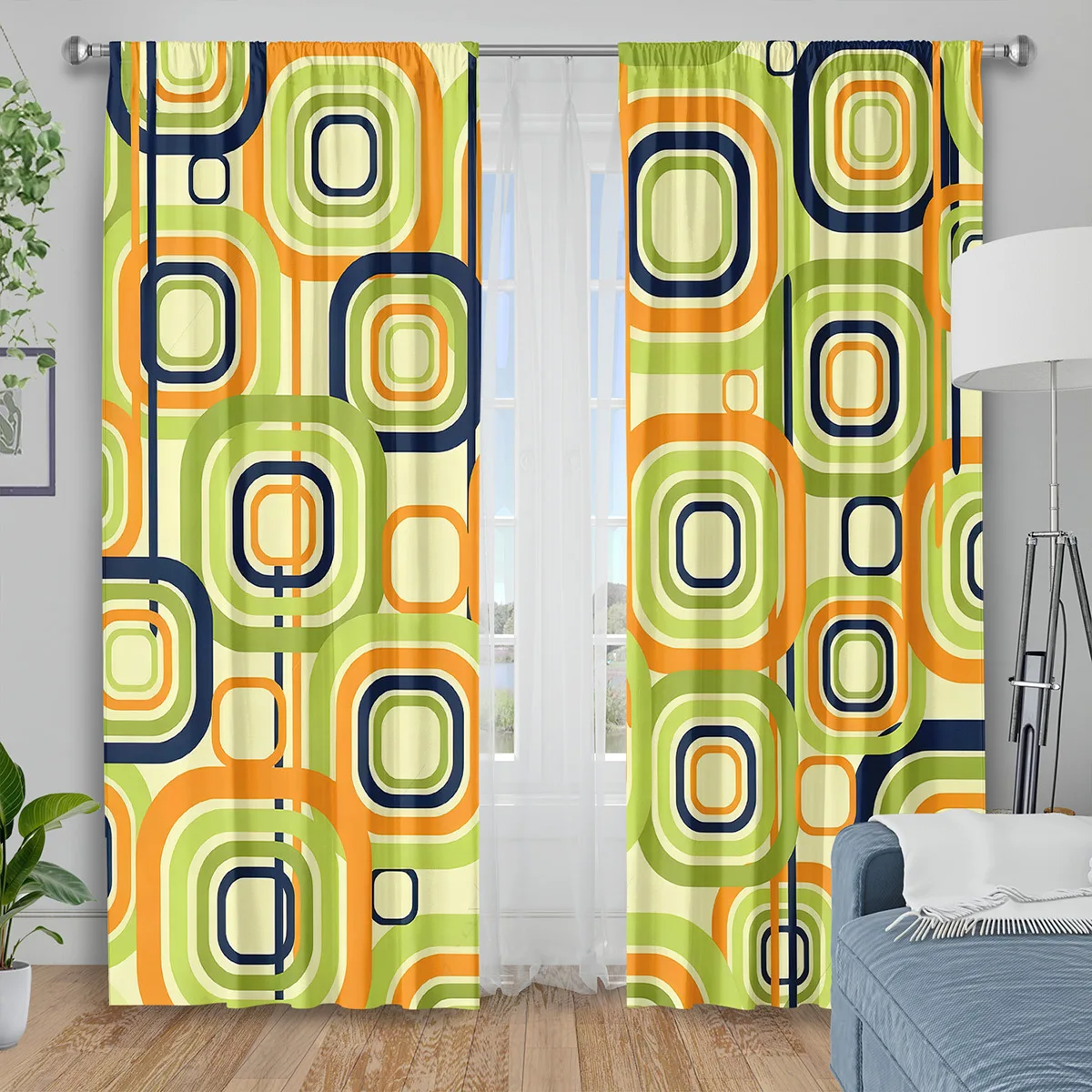Retro Geometric Curtain, Vintage Green Orange Square Print Drape, Mid Century Modern Window Treatment for Living Room Bedroom