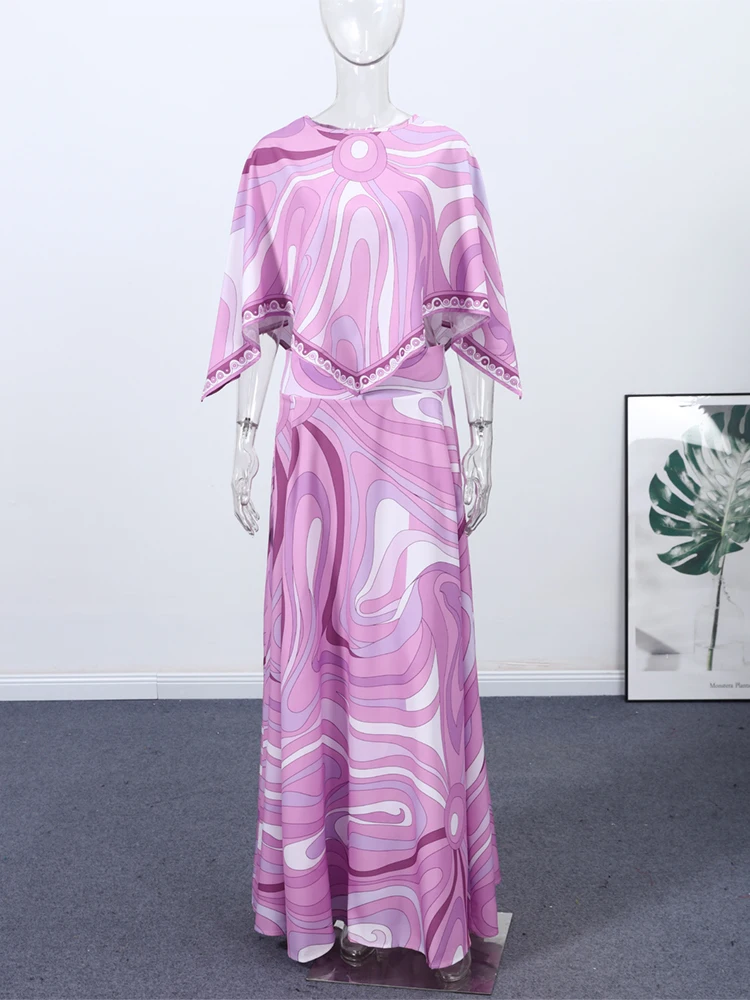 Bedruckter Cape-Langrock-Anzug für Damen, elegante Oberteile mit O-Ausschnitt und unregelmäßigem Saum, A-Linien-Röcke mit hoher Taille, schicke Partykleidung für Damen, neue Strandkleidung – Detail 13