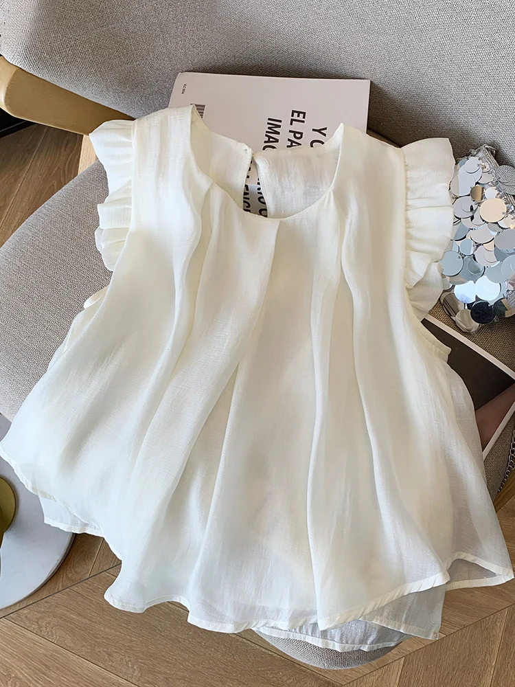 

Women's Solid Sleeveless T-shirt 2025 Summer New Light Luxury Chiffon Short Tees Korean Chic Round Neck Loose Versatile Tops