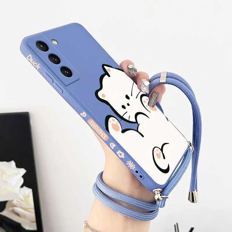 White Cloud Cat Crossbody Lanyard Silicone Phone Case For Samsung Galaxy S23 S23 Plus S22 S21 FE S21 S20 S9 Note 20 10 20 Cover