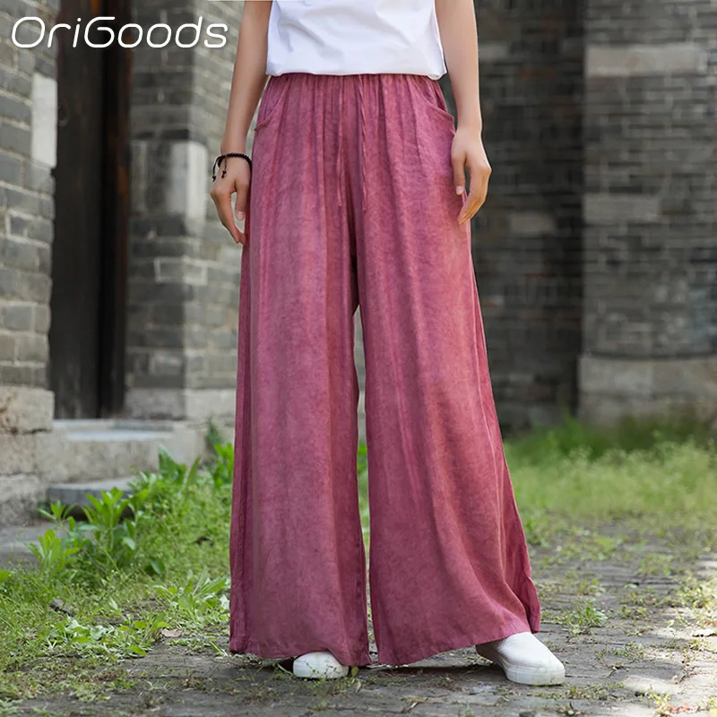 

OriGoods Lyocell Tie Dye Wide Leg Pants for Women Soft Smooth Natural Fabric 2024 Summer Wide Leg Trousers Elegant Pants B057