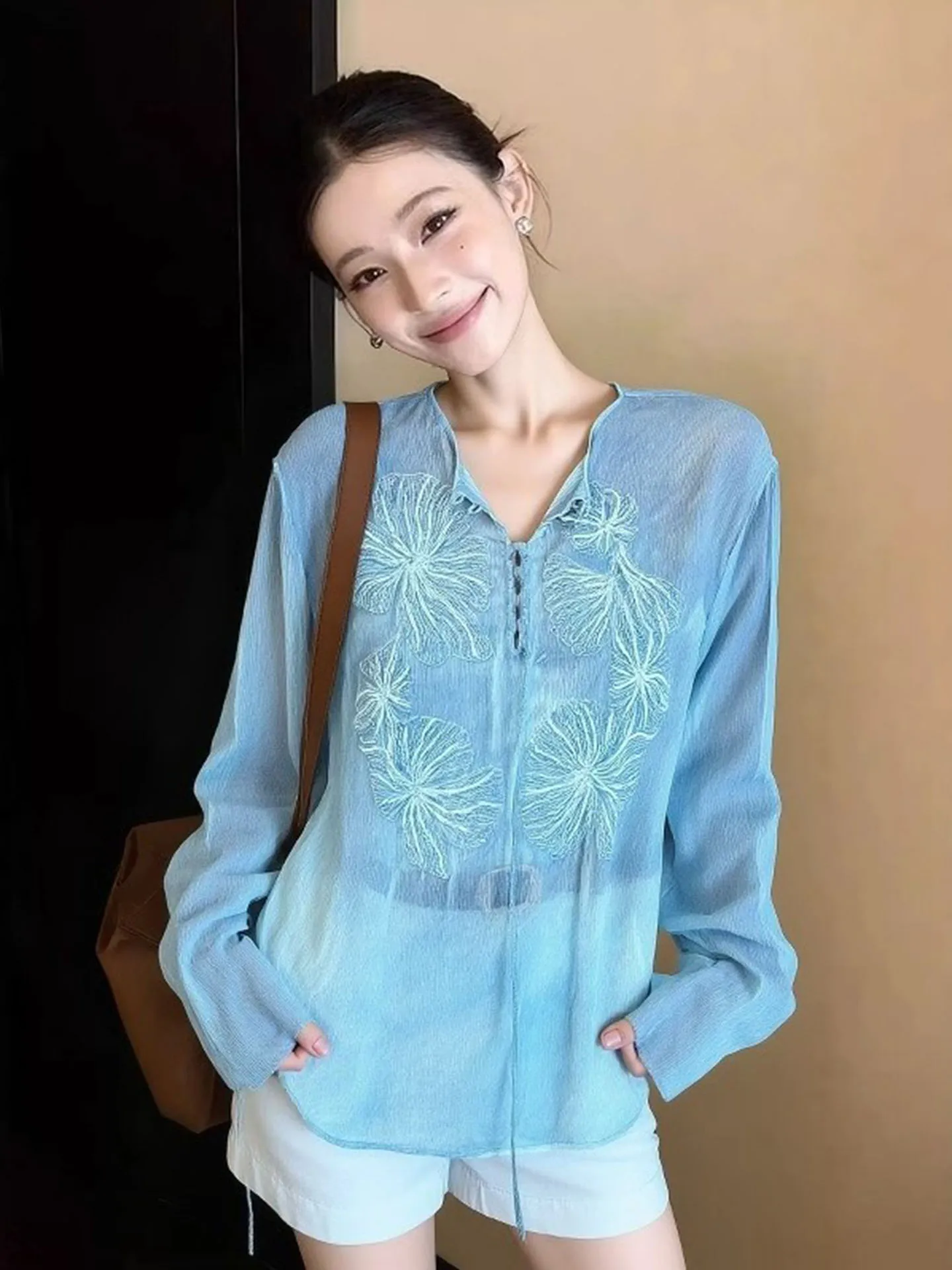 

Ele Blue irt Women's Spring 2026 New Sle High-End Fre Simple Match Beautiful Top Casual Waist-Cinching Long Sve ...