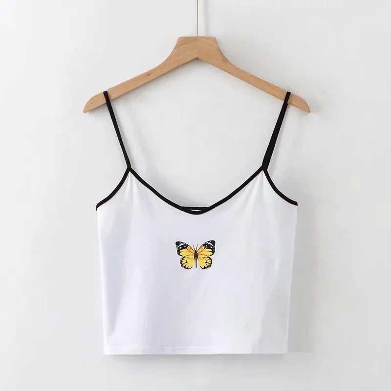 Sommer sexy Schmetterling drucken weiße Ernte Tops Frau Kontrast rücken freie schlanke Tanktops Clubwear Party Harajuku süße Mädchen Leibchen