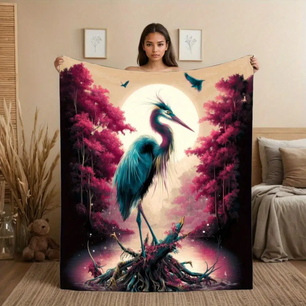 Graceful Egret Forest Pattern Flannel printed blanket suitable for all seasons suitable for living room office sofa and travel