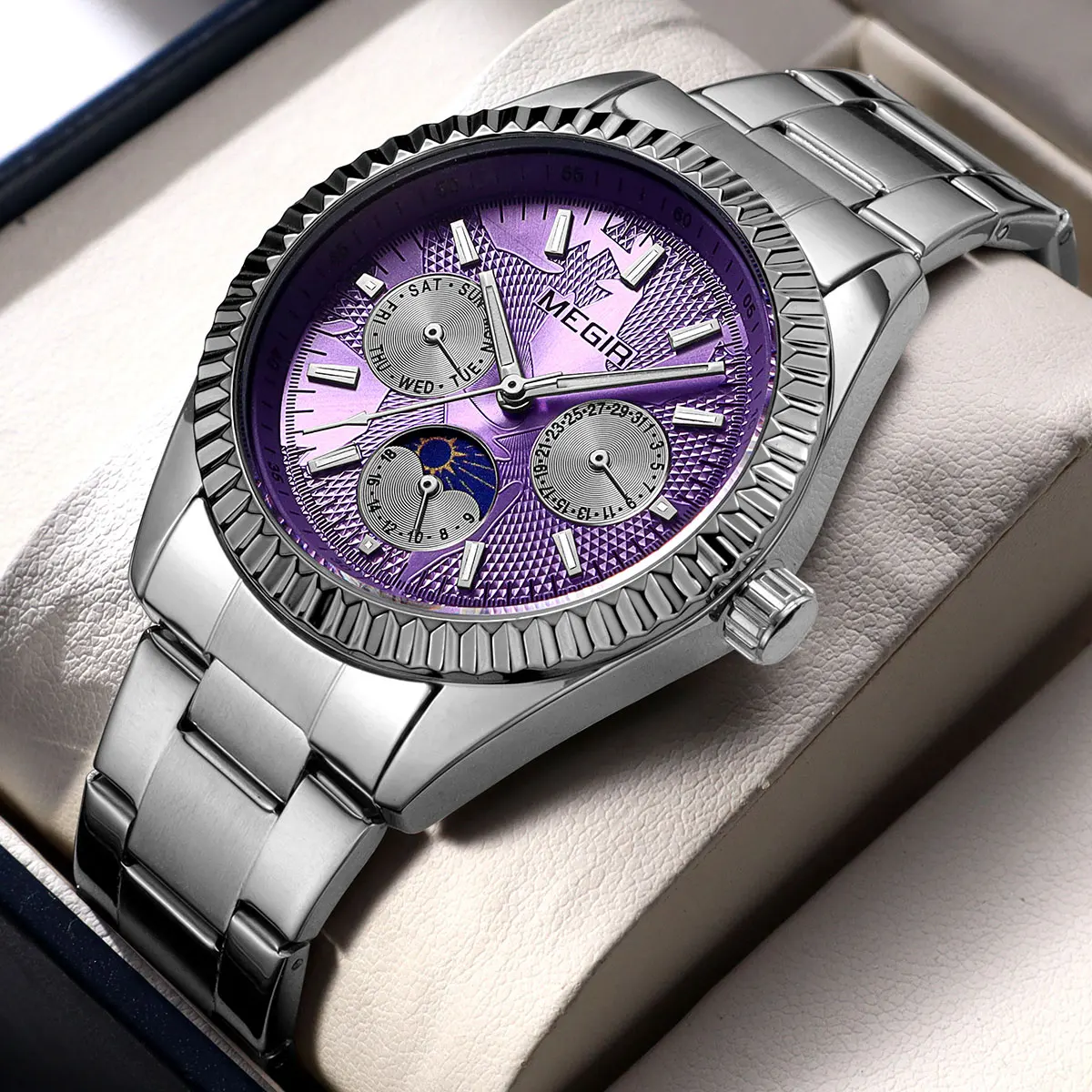 MEGIR Men's Quartz Watch with Stainless Steel Strap Fashion Business Style Wristwatch with Day Date 24-Hour Moon Phase Function