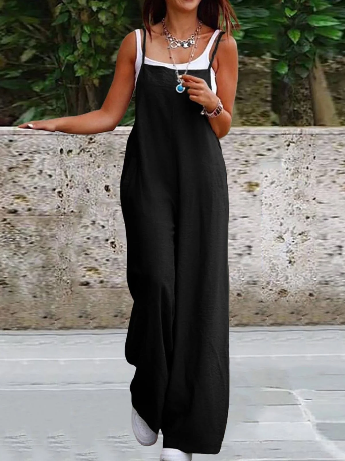 Summer Women Jumpsuit Backless Sleeveless Spaghetti Strap Wide Leg Lady Jumpsuit Deep Crotch Pockets Full Length Female Jumpsuit