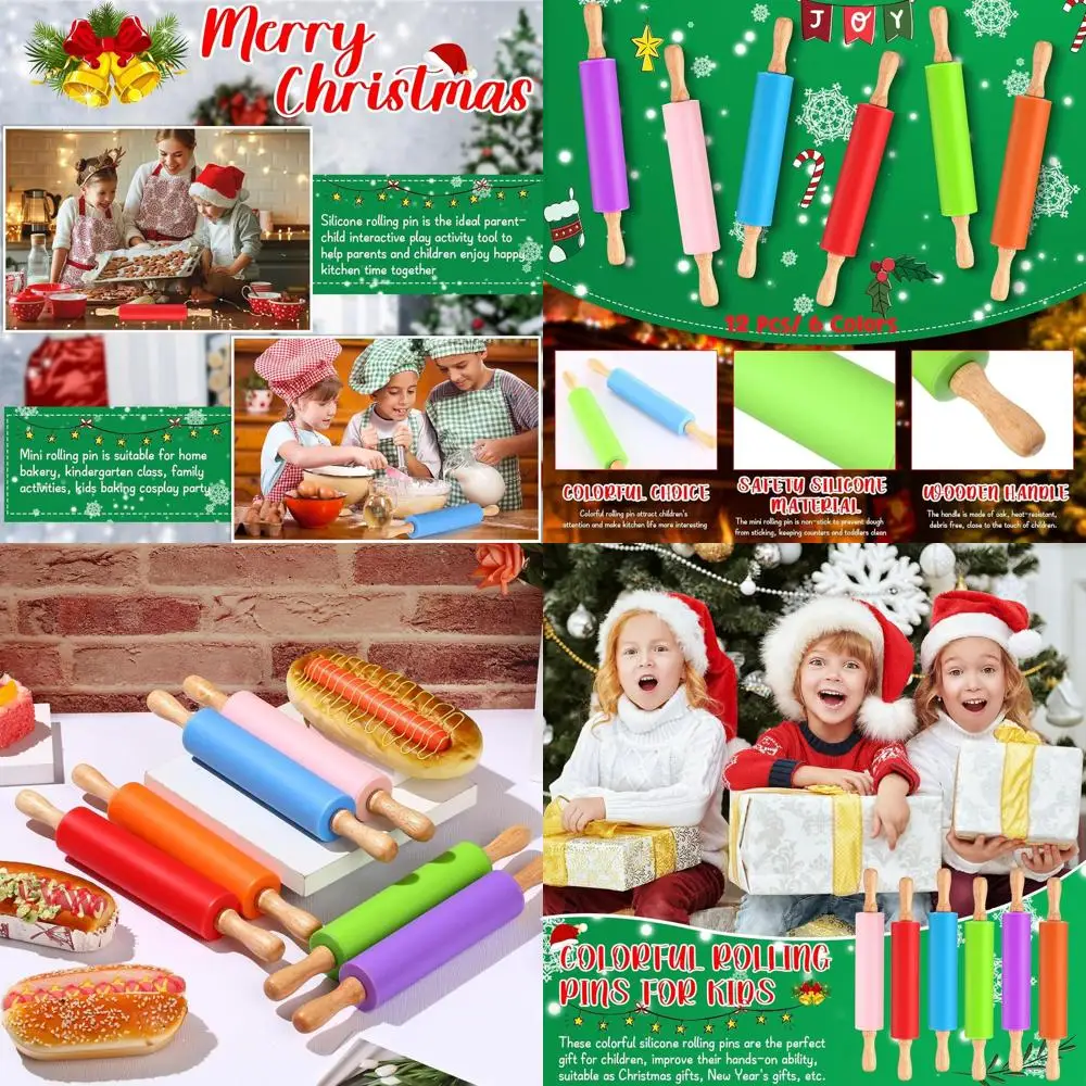 

6-цветная мини-силиконовая скалка с 12 деревянной ручкой для детской выпечки, кондитерских изделий и украшения тортов