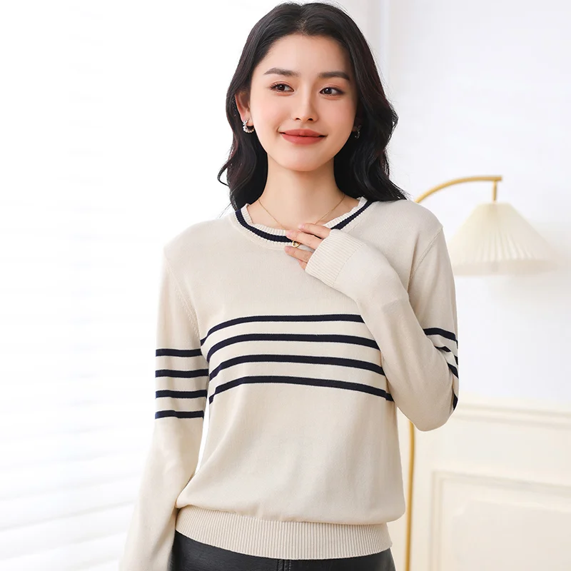 

Autumn Winter Women Striped 100% Cotton Sweater O-Neck Contrasting Colors Pullover Female Sweater Slim Knitted Bottoming Tops