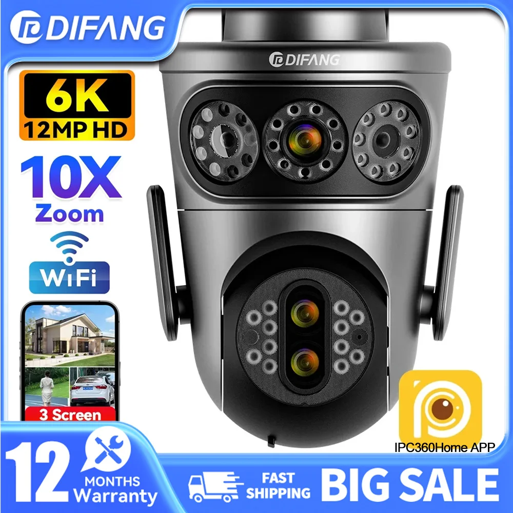 

DIFANG Outdoor 12MP 6K PTZ Wifi Camera Three Lens Three Screen 10X Zoom Human Detect Auto Tracking 2K Wireless Surveillance CCTV