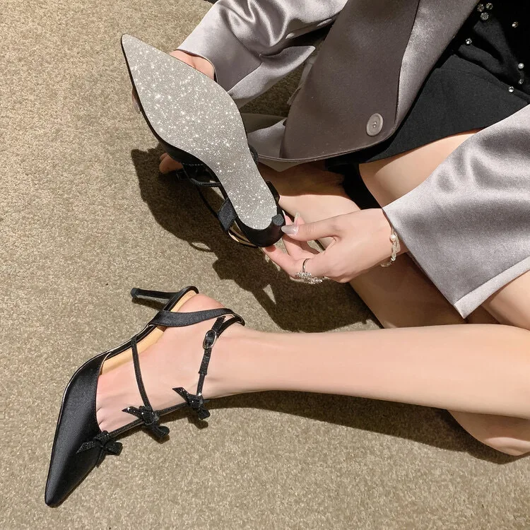 2025 New French Rhinestone Bow High Heel Pointed Head Thin Heel Bag Head Sandals Women - view 4