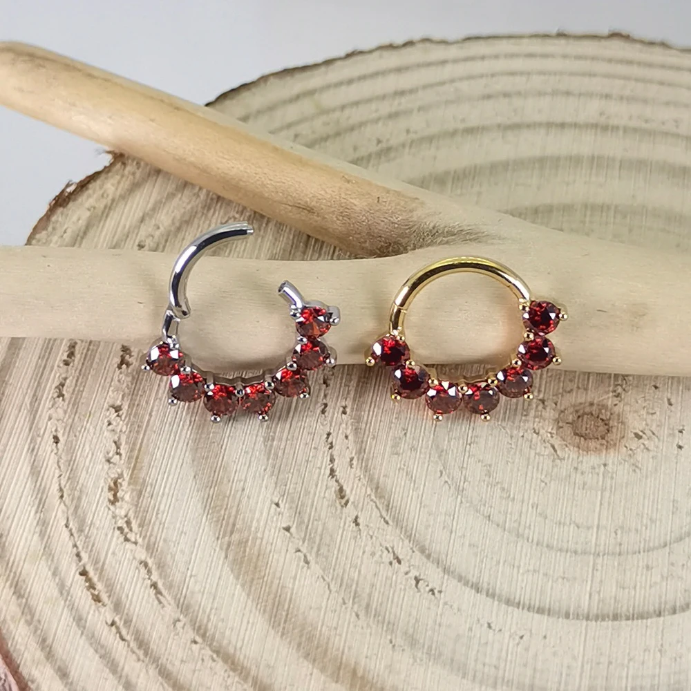 QM ASTM F136 Titanium Red Zircon Nose Ring Clicker Hinged Segment Helix Earring Body Piercing