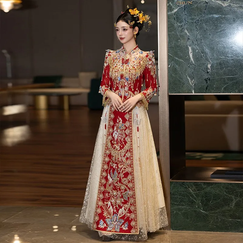 

Китайская традиционная одежда Xiuhe для невесты, новинка 2025, свадебное платье в китайском стиле, красные свадебные платья больших размеров