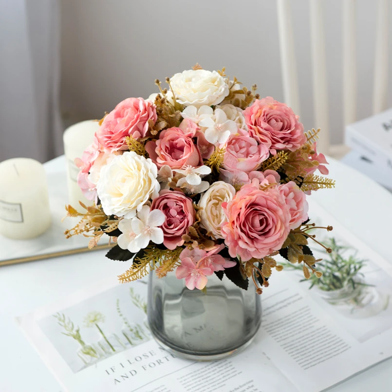 الزهور الاصطناعية الحرير الورود باقة العروس ديكور المنزل الخريف اكسسوارات الزفاف التخليص حديقة وهمية الفاوانيا الكوبية الفن جدار #2