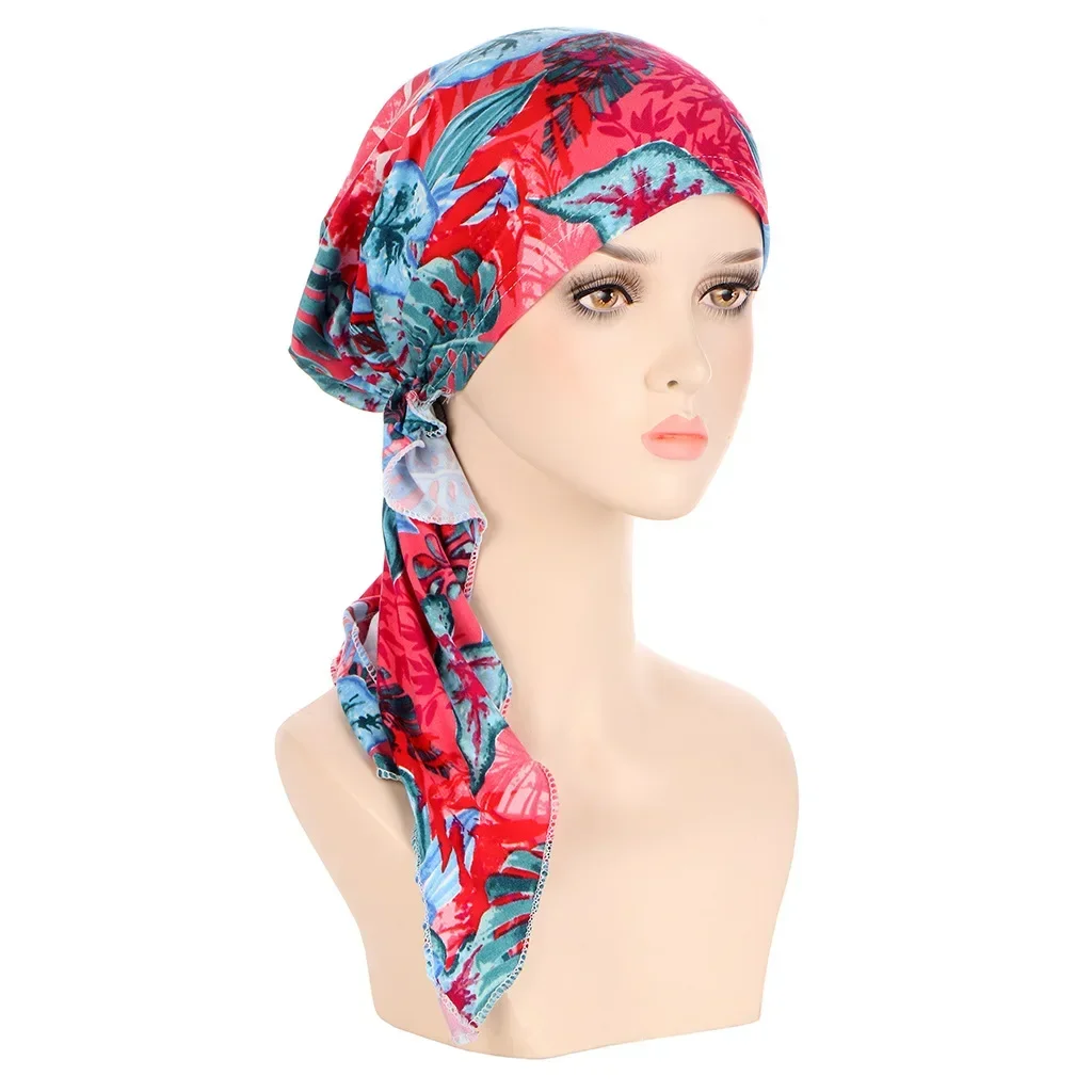 Hot Women Muslim Turban Hijab Cancer Chemo Hat Flower Print Cap Hair Loss Cover Head Scarf Stretch Bandana Wrap Pre-TiedHeadwear