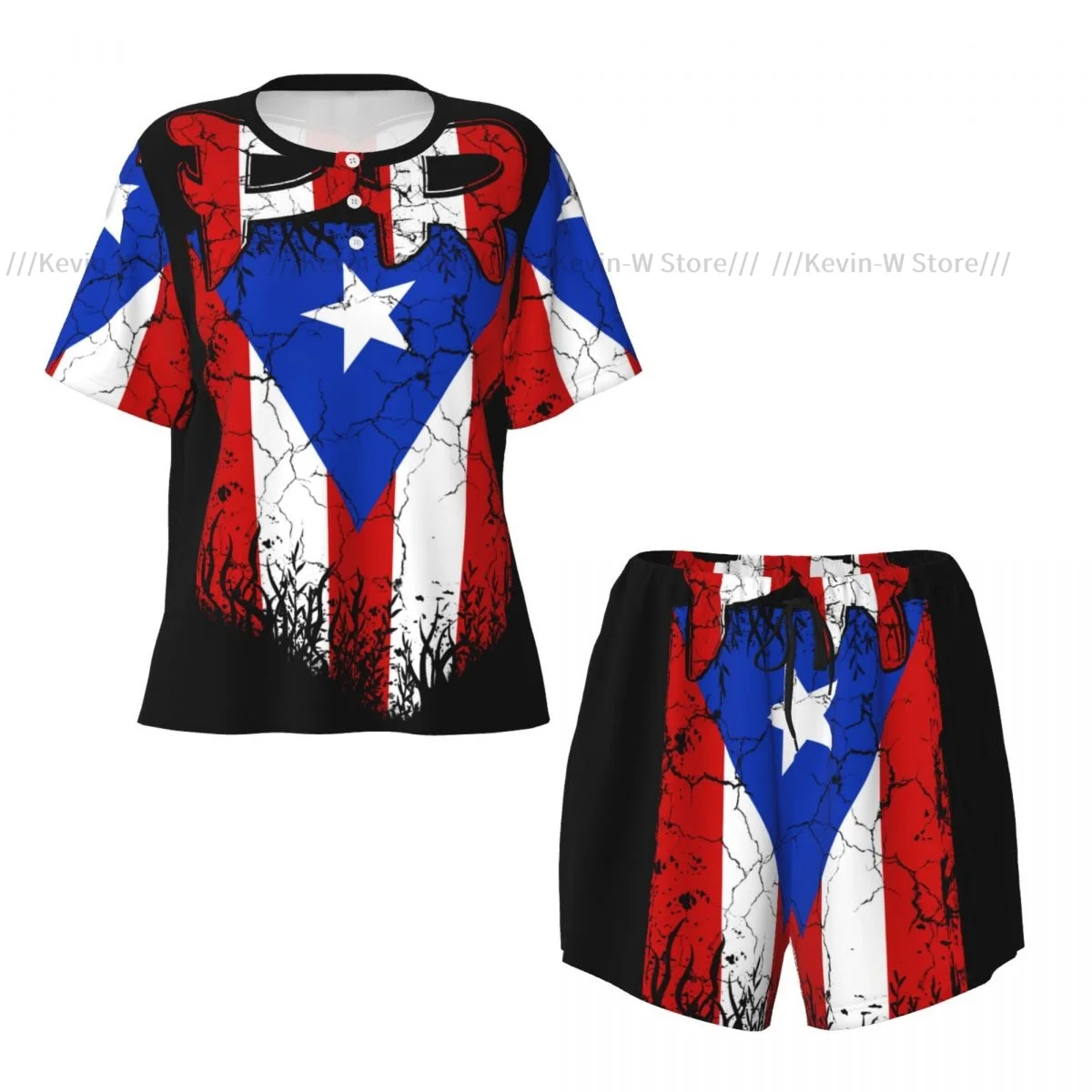 بيجامة نسائية بأكمام قصيرة بورتوريكو Pr Flag 2 قطعة ملابس نوم نسائية صيفية ملابس نوم منزلية