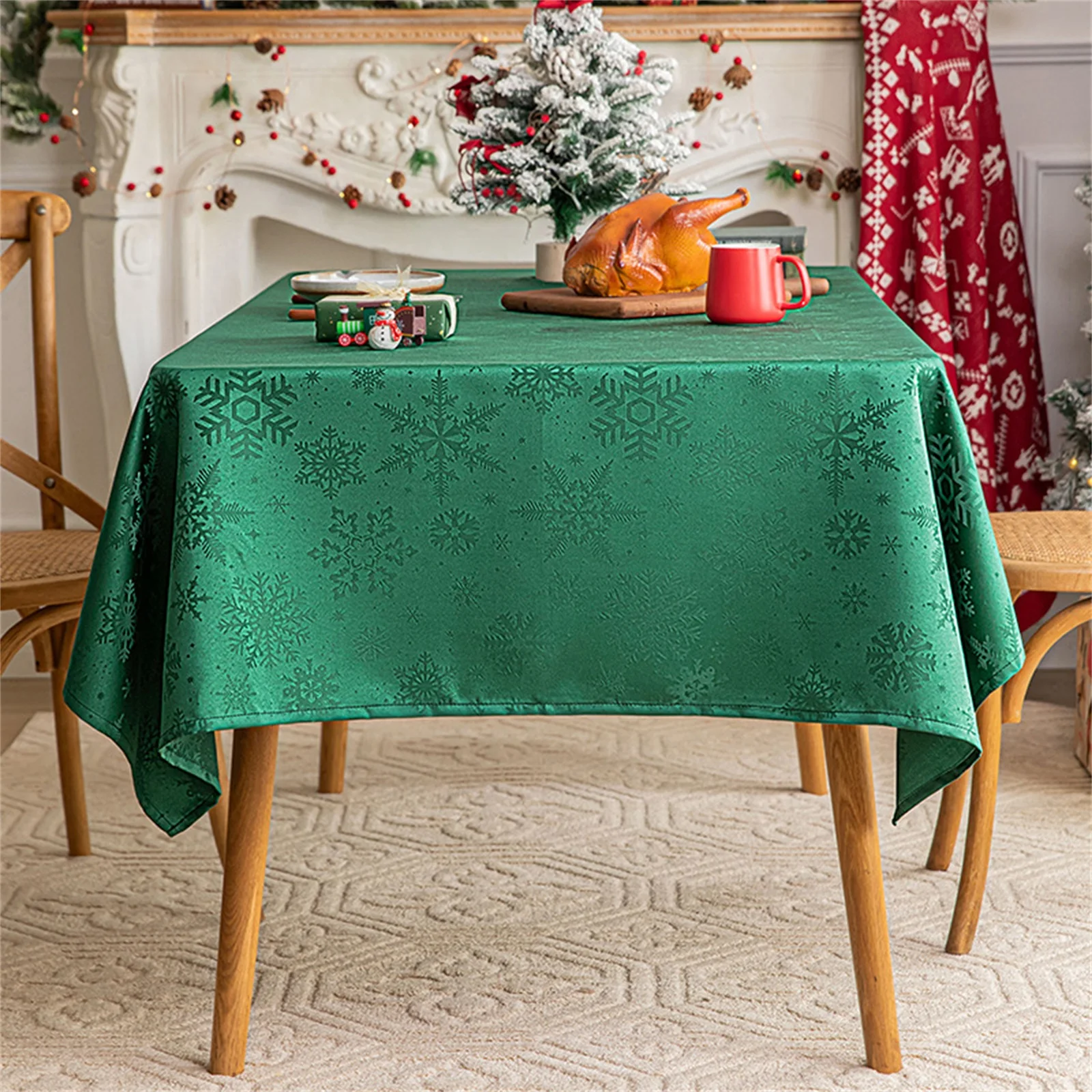 

2025 New Year Creative Christmas Red/Green Decor Tablecloth Snowflake Dark Pattern Retro American Style Festive Decor for Home