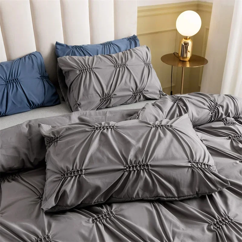 High Quality Pinch Pleated White Bedding Set Twin Western Pure Color Single Bed Quilt Cover Super King Size Duvet Cover 240x220