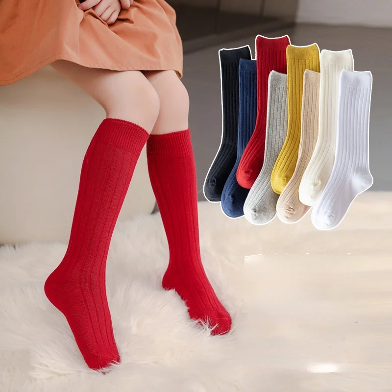 

4-12 Years Children Knee-length Socks Spanish Style Autumn Fashion Solid Color Cotton Socks