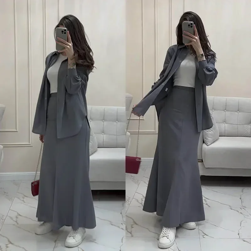 Casual Loose 2 Piece Sets Women Outfit Long Sleeve Robes With High Waist Long Skirts Set Homewear Casual Set Commuter Dressing