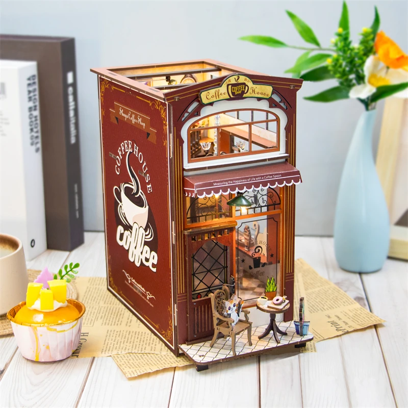 Imagem -02 - Retro Cat Coffee House Faça Você Mesmo Madeira Livro Nook Prateleira Inserir Kits de Miniaturas Estante Home Bookend Decoração Adulto Handmade Presentes