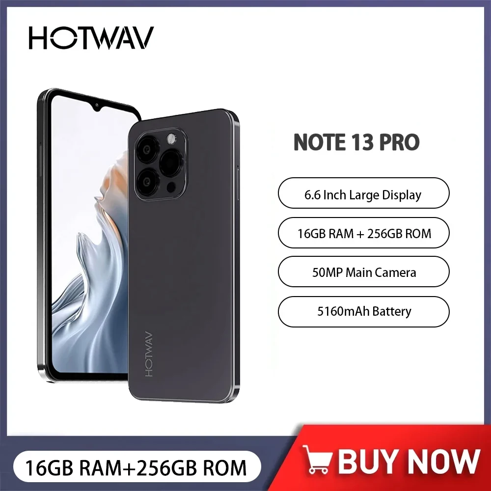 HOTWAV Note 13 Pro Ультратонкий смартфон на Android 6,6 дюймов HD + 16 ГБ + 256 ГБ, телефон с искусственным интеллектом 50MP, 5160 мАч, 18 Вт