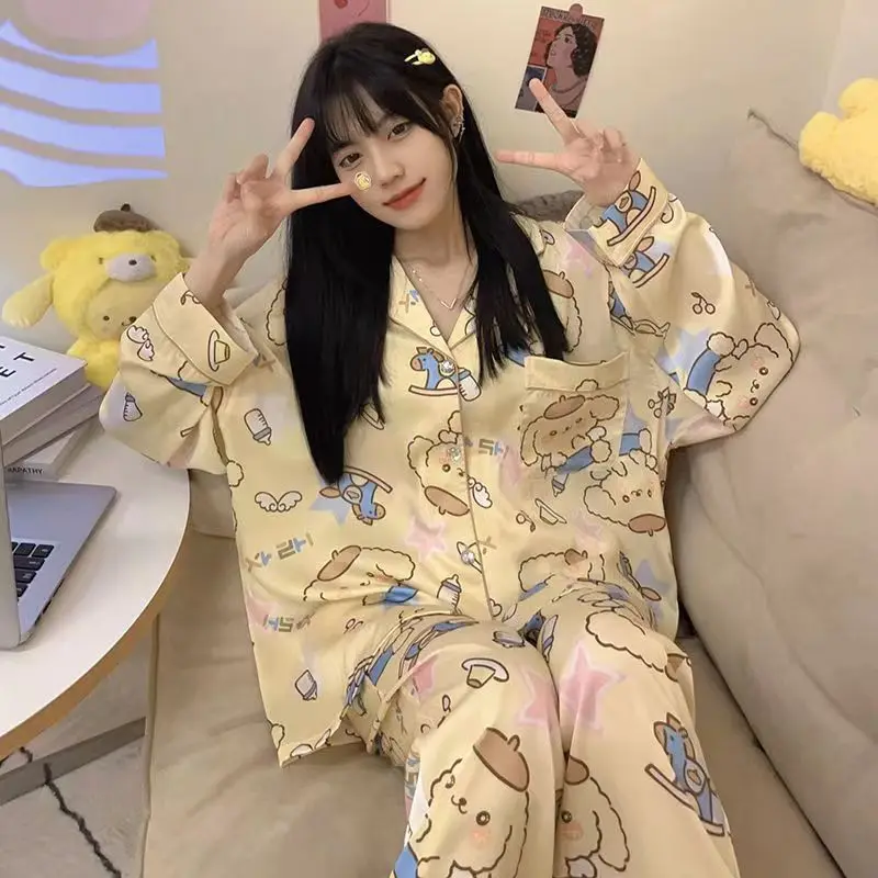 Cute Sanrio Hello Kitty Cinnamoroll Pajamas Set Kuromi for Woman Cotton Long Sleeve Sleepwear Suit Sexy Home Wear Clothes Girl