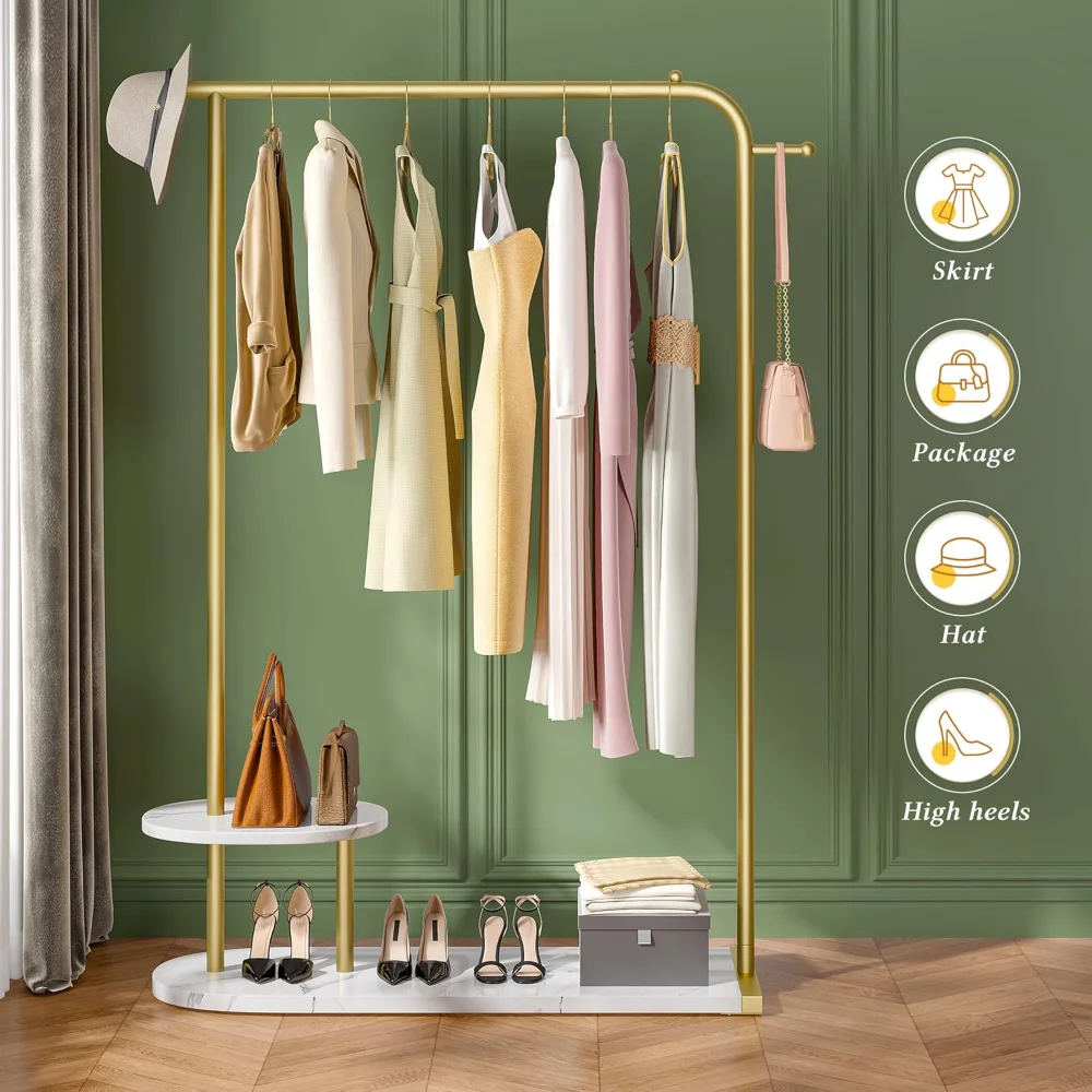 

67" H Gold Clothing Rack, Modern Coat Rack with Two-Tier Storage, Clothes Rack with a Display Stand for Boutique Store