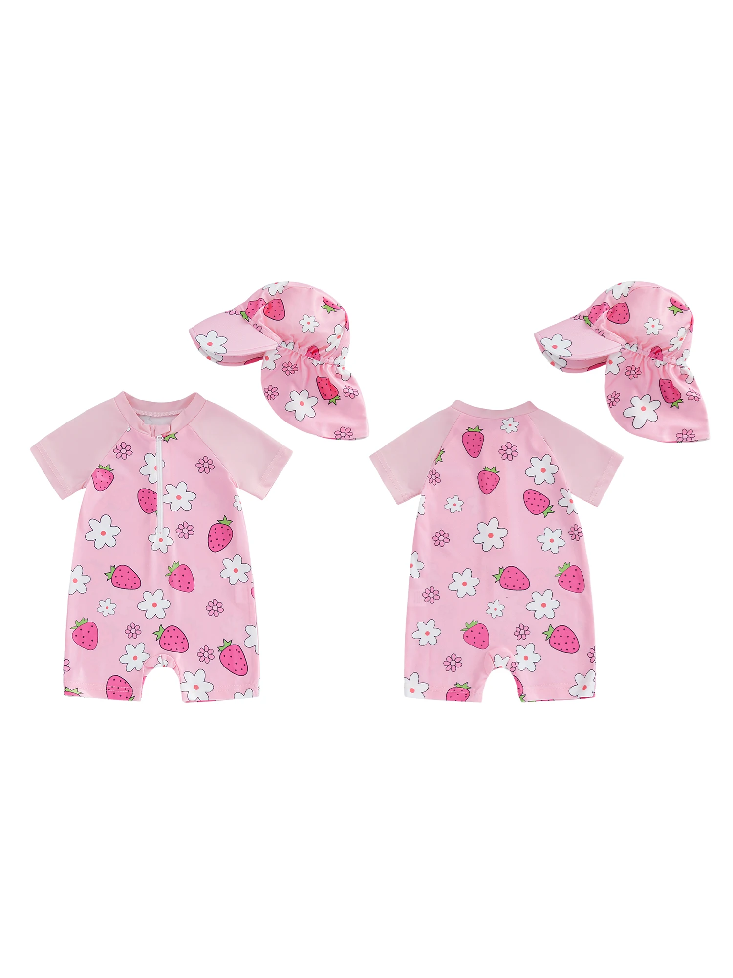 

Cute Baby Girl Swimsuit with Strawberry Flower Print Short Sleeves Front Zipper and Rash Guard Protection