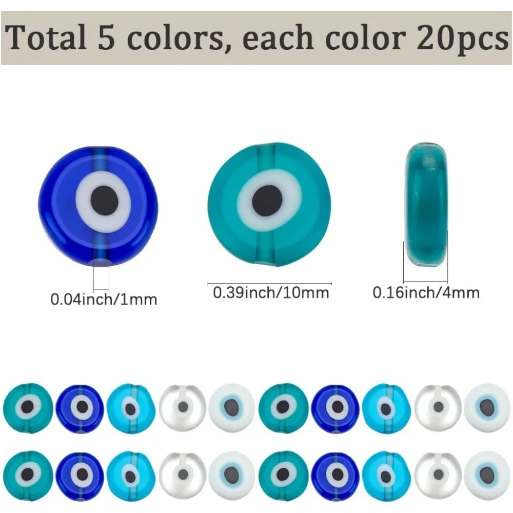 100Pcs 5 Colors Turkish Eye Beads Lampwork Jewelry Beads Lucky 10mm Colorful Assorted Blue Small Amulet Loose Smooth Spacers