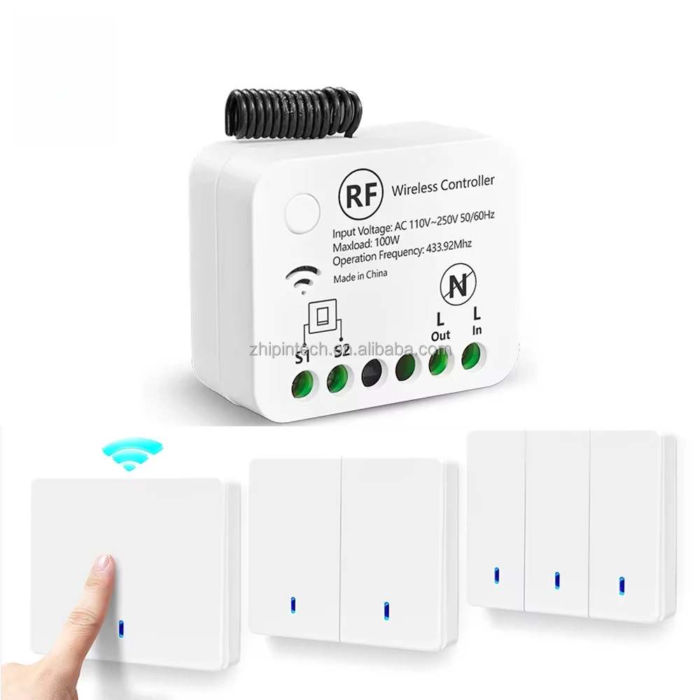 433MHZ mini remote control light switch 50m distance 10A without neutral wire, AC 110V~ 250V single live wire RF relay 86 switch